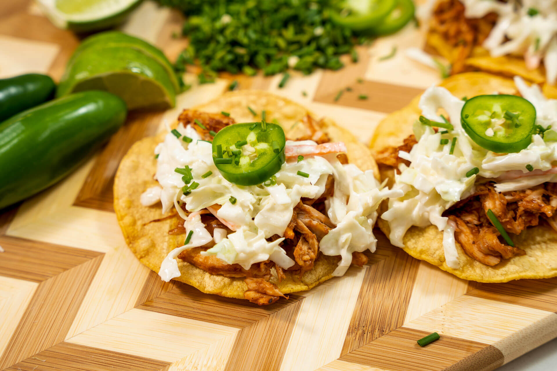 BBQ Chicken Tostadas with Crunchy and Creamy Slaw