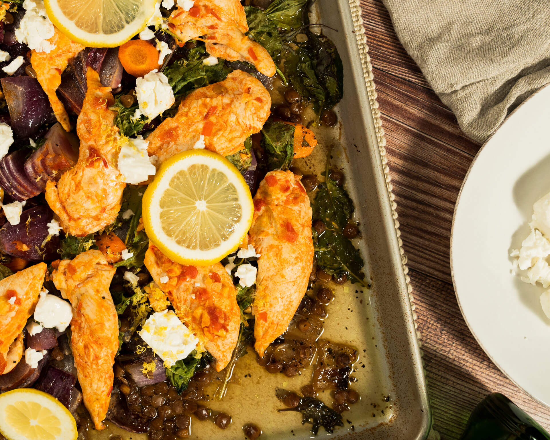 Healthy Harissa Chicken Tray Bake with Lentils and Kale