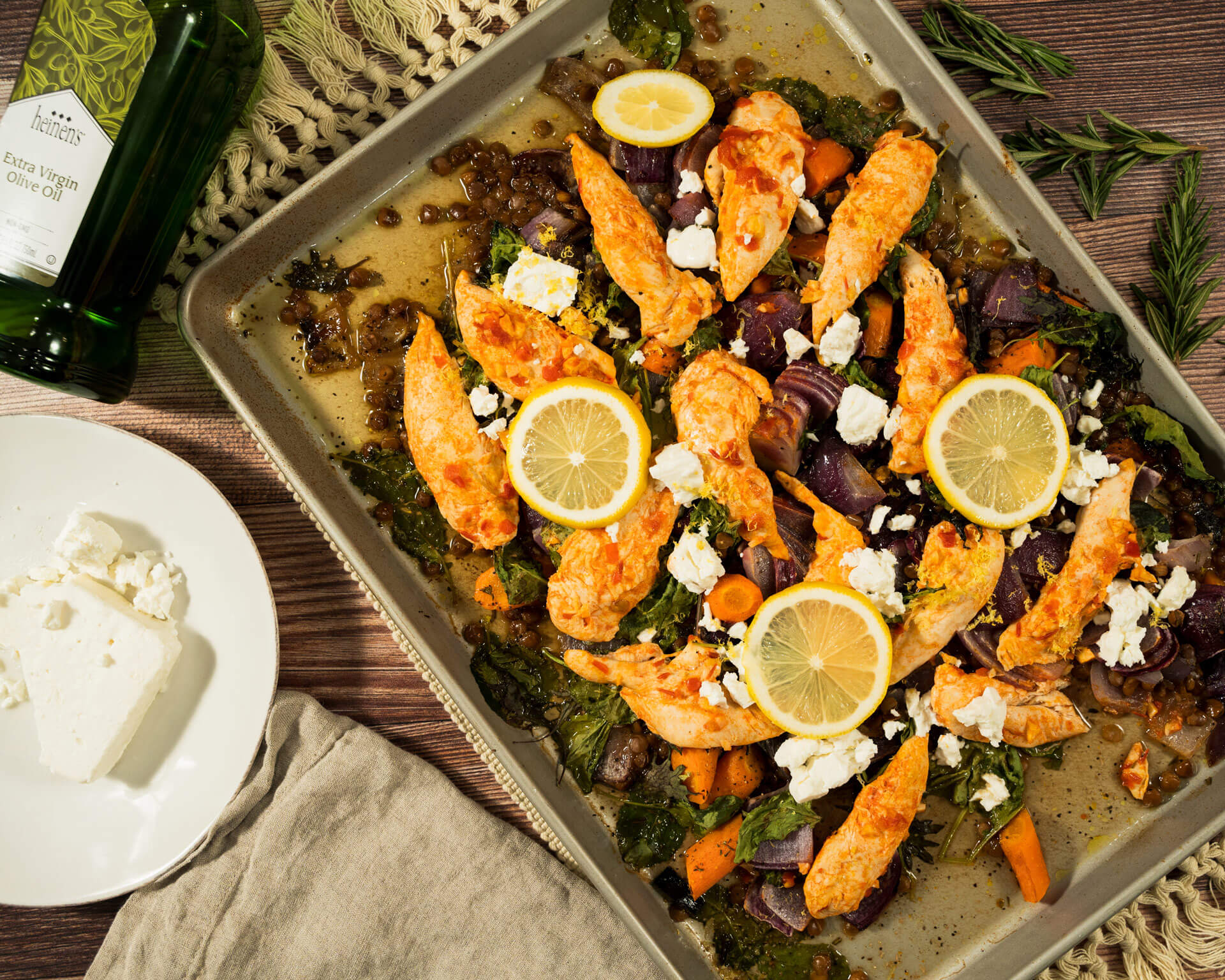 Healthy Harissa Chicken Tray Bake with Lentils and Kale