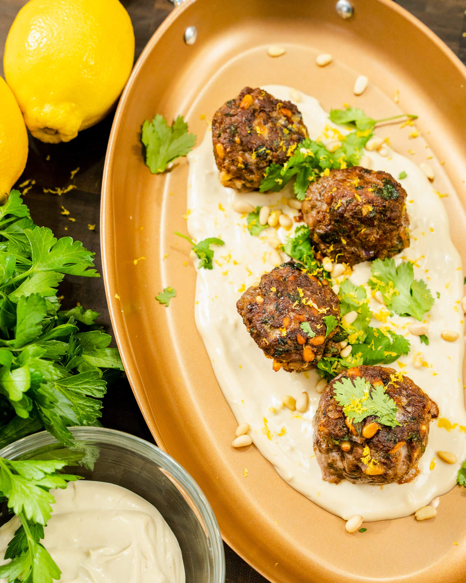 Lemon Cardamom Meatballs Garlic Tahini Sauce