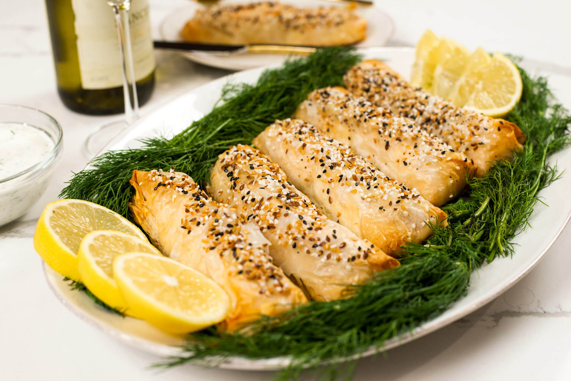 Phyllo Wrapped Everything Bagel Salmon with a Lemon Dill Sauce