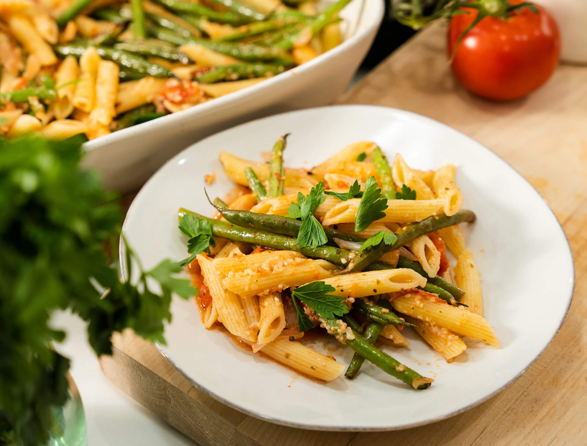 Roasted Green Bean Tomato Pasta