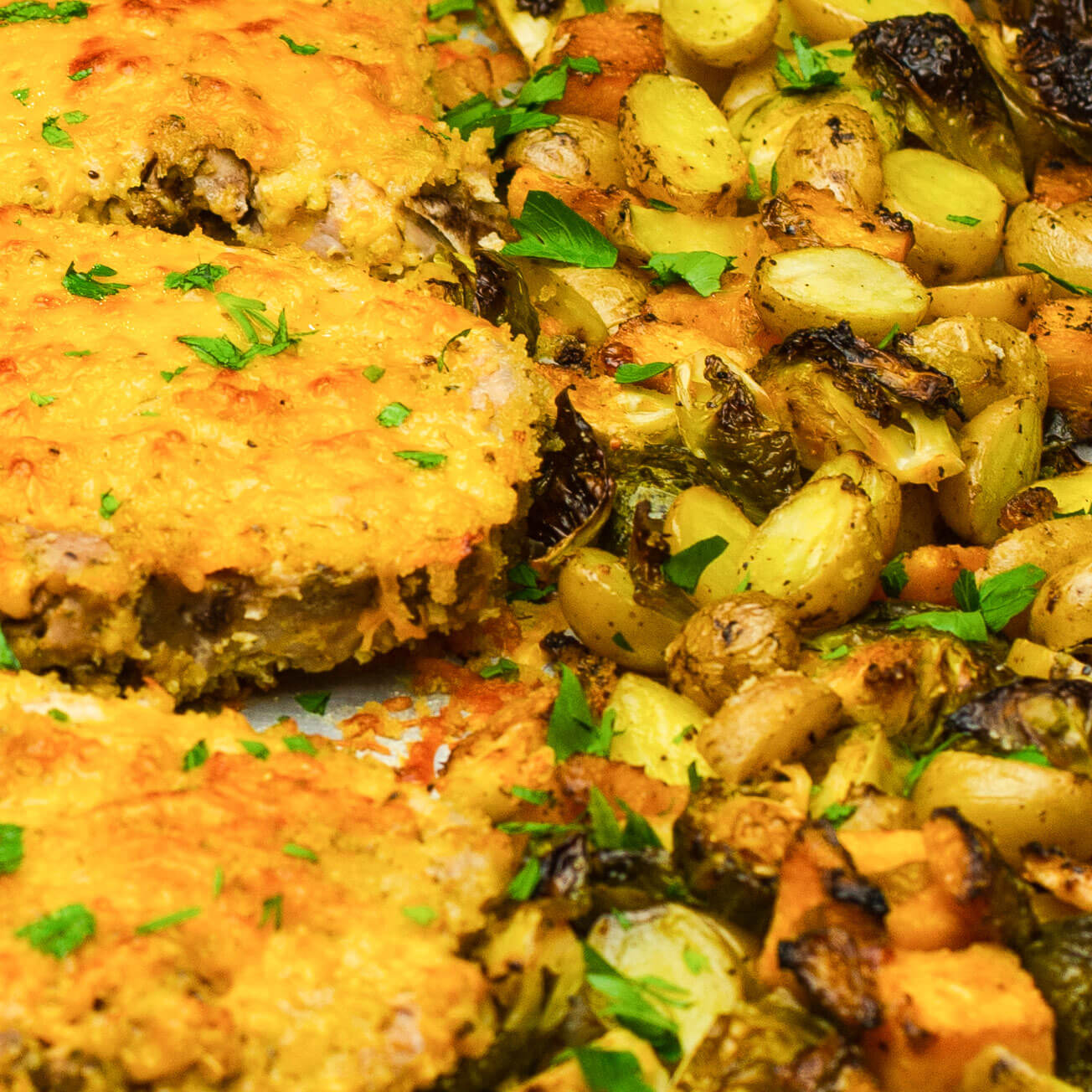 Sheet Pan Crispy Cheddar Pork Chops