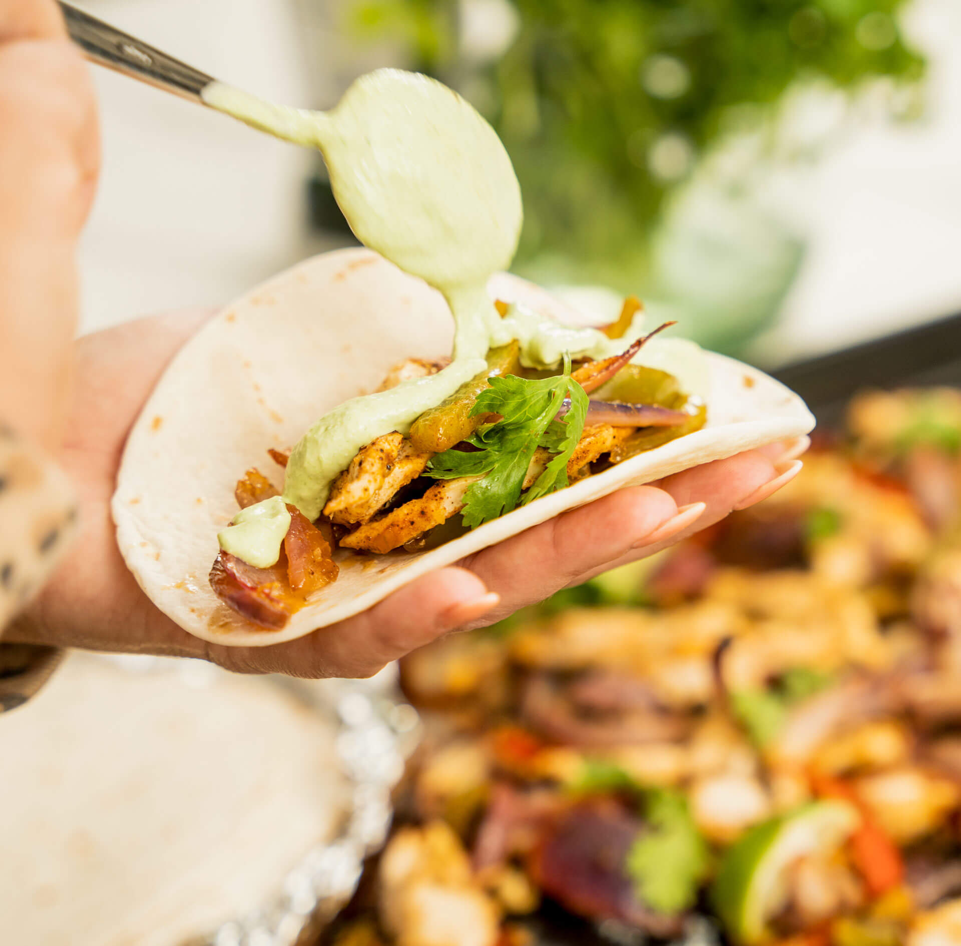 Sheet Pan Chicken Fajitas & Cilantro Lime Crema