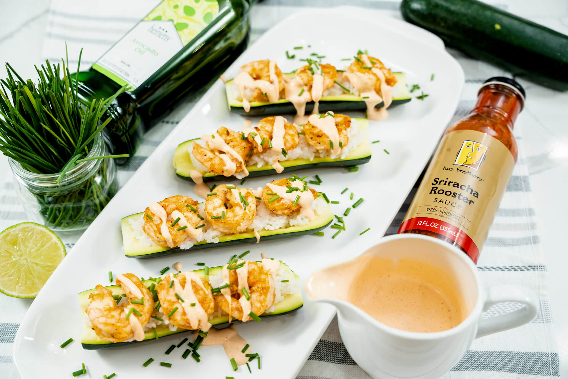Zucchini Shrimp Boats with Sriracha and Chives
